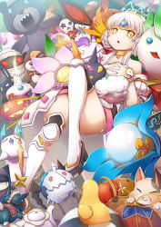 Rule 34 | bare shoulders, blunt bangs, candle, chestnut mouth, code: empress (elsword), collarbone, elsword, eve (elsword), facial mark, forehead jewel, highres, jack-o&#039;-lantern, open mouth, ophelia (elsword), phoru (elsword), pumpkin, rubber duck, servati, solo, stuffed animal, stuffed toy, tagme, teddy bear, thighhighs, white thighhighs