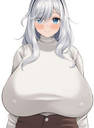 Rule 34 | 1girl, absurdres, blue eyes, blush, breasts, closed mouth, commentary request, covered erect nipples, eyes visible through hair, hair over one eye, highres, huge breasts, long hair, long sleeves, looking at viewer, neneneji, original, silver hair, simple background, smile, sweater, taut sweater, turtleneck, turtleneck sweater, upper body, white background, white sweater
