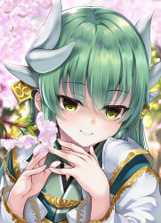 Rule 34 | 1girl, blurry, blurry background, cherry blossoms, closed mouth, depth of field, fate/grand order, fate (series), fingernails, flower, green eyes, green hair, green kimono, hair between eyes, hair ornament, hands up, hitsujibane shinobu, horns, japanese clothes, kimono, kiyohime (fate), long hair, looking at viewer, smile, solo, upper body, white kimono