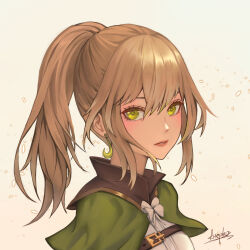 Rule 34 | 1girl, arepko, artist name, belt, breasts, brown collar, capelet, collar, commentary, earrings, english commentary, eyelashes, gradient background, green capelet, green eyes, hair between eyes, head tilt, high ponytail, highres, jewelry, light brown hair, lips, long hair, looking at viewer, medium breasts, original, parted lips, ponytail, sidelocks, simple background, single earring, solo