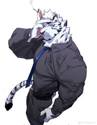 Rule 34 | 1boy, absurdres, animal ears, arknights, bara, black pants, black shirt, cigarette, collared shirt, foreshortening, formal, from above, furry, furry male, hand on own face, highres, ju neng binggui, large pectorals, male focus, mountain (arknights), muscular, muscular male, necktie, pants, pectorals, salaryman, shirt, short hair, smoking, solo, tail, tiger boy, tiger ears, tiger tail, tight clothes, tight shirt, white background, white fur, white hair