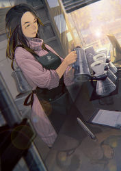 Rule 34 | 1girl, absurdres, animal ears, apron, barista, bench, black apron, black hair, black thighhighs, blonde hair, blurry, blurry foreground, cat ears, cat girl, cat tail, chromatic aberration, clipboard, clothes writing, coffee, different reflection, eyelashes, final fantasy, final fantasy xiv, fingernails, highres, holding, indoors, kyo (kuroichigo), light particles, long fingernails, long hair, miqo&#039;te, multicolored hair, nail polish, paper, parted lips, pen, pink nails, pink sweater, pouring, reflection, ribbed sweater, sleeves rolled up, smile, solo, streaked hair, sweater, tail, thighhighs, tree, turtleneck, turtleneck sweater, warrior of light (ff14), water, window blinds, window shadow, yellow eyes