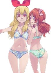 Rule 34 | 2girls, aikatsu!, aikatsu! (series), akinbo (hyouka fuyou), blue bra, blue hair, blue panties, bow, bow panties, bra, breasts, brown hair, cleavage, collarbone, frilled bra, frilled panties, frills, green bra, green panties, grey bow, grin, hair bow, hairband, hand in another&#039;s hair, hands on another&#039;s shoulder, highres, hoshimiya ichigo, long hair, looking at viewer, multiple girls, ozora akari, outstretched arm, panties, pink eyes, red bow, red eyes, red hairband, small breasts, smile, standing, underwear, underwear only