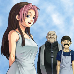 Rule 34 | 1girl, 2boys, apron, bald, creape, dyed bangs, earrings, extra, facial hair, father cornello, fullmetal alchemist, hat, jewelry, liore shopkeeper, multicolored hair, multiple boys, mustache, purple eyes, rose thomas, rose tomas, two-tone hair