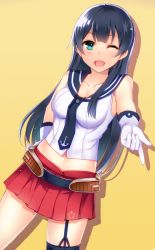 Rule 34 | 10s, 1girl, ;d, agano (kancolle), asymmetrical legwear, belt, black hair, blush, breasts, cleavage, collarbone, dutch angle, foreshortening, garter straps, gloves, green eyes, green hair, hand on own hip, interstellar, kantai collection, long hair, looking at viewer, matching hair/eyes, medium breasts, midriff, navel, necktie, one eye closed, open mouth, outstretched arm, pleated skirt, pointing, red skirt, school uniform, serafuku, shadow, simple background, single thighhigh, skirt, smile, solo, thighhighs, uneven legwear, white gloves, yellow background