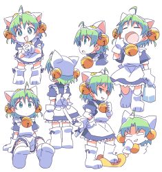 Rule 34 | 1girl, 1other, animal hat, apron, back bow, bag, bell, bow, cat hat, cat tail, dejiko, di gi charat, from behind, gema, gloves, green eyes, green hair, hair bell, hair ornament, hat, highres, holding, holding bag, jingle bell, maid, maid apron, multiple views, open mouth, paw shoes, ribbon, roku no hito, simple background, sitting, smile, smug, sparkling eyes, standing, stepped on, tail, white background, white gloves, yawning