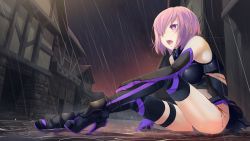Rule 34 | bare shoulders, blood, boots, cuts, elbow gloves, fate/grand order, fate (series), gloves, high heels, highres, injury, jason kong, mash kyrielight, purple eyes, purple hair, skirt, solo, thigh boots, thighhighs