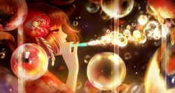 Rule 34 | 1girl, brown eyes, brown hair, bubble, blowing bubbles, commentary request, floral print, flower, from side, hair flower, hair ornament, hand up, highres, holding, japanese clothes, kanzashi, kimono, original, profile, red kimono, romiy, solo, tsumami kanzashi, upper body