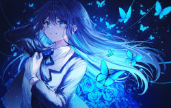Rule 34 | 1girl, absurdres, ado (utaite), blue butterfly, blue eyes, blue hair, bug, butterfly, chando (ado), collared shirt, gloves, grin, hair between eyes, highres, insect, jacket, long hair, long sleeves, looking at viewer, noyu (noyu23386566), official art, open clothes, open jacket, shirt, smile, solo, usseewa, utaite, white gloves, white shirt