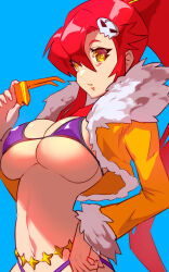 1girl absurdres bikini bikini_top_only blue_background breasts cleavage fur-trimmed_jacket fur_trim hair_ornament highres jacket large_breasts long_hair looking_at_viewer navel ponytail red_hair simple_background skull_hair_ornament solo swimsuit tengen_toppa_gurren_lagann ura_dora yellow_eyes yoko_littner