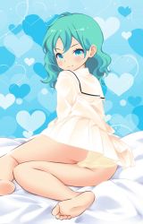 Rule 34 | 1girl, aqua eyes, ass, barefoot, blouse, blue background, blush, closed mouth, crotch seam, feet, from behind, green hair, heart, heart print, lace, lace-trimmed panties, lace trim, legs, looking at viewer, looking back, lying, miniskirt, official art, on side, panties, pleated skirt, school uniform, serafuku, shirt, skirt, smile, soles, solo, soulgirl, underwear, white shirt, white skirt, yellow panties