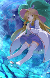 Rule 34 | 1girl, animal print, blonde hair, commentary request, dutch angle, frog print, hair ribbon, hat, holding, leaf, leaf umbrella, long hair, long sleeves, looking at viewer, moriya suwako, outdoors, purple skirt, rain, red ribbon, ribbon, ribbon-trimmed legwear, ribbon-trimmed sleeves, ribbon trim, shrine, sidelocks, skirt, smile, solo, standing, tamahana, thighhighs, touhou, tress ribbon, very long hair, vest, white thighhighs, wide sleeves, yellow eyes