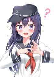 Rule 34 | 1girl, :d, ?, absurdres, akatsuki (kancolle), anchor symbol, black hat, blush, collarbone, commentary request, fig sign, flat cap, hair between eyes, hat, highres, kantai collection, long hair, long sleeves, looking at viewer, neckerchief, nedia (nedia region), open mouth, penetration gesture, purple eyes, purple hair, red neckerchief, school uniform, serafuku, shirt, smile, solo, sparkle, upper body, very long hair, white background, white shirt