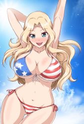 Rule 34 | 10s, 1girl, american flag, american flag bikini, aoiakira553, arm behind head, arms up, bikini, blonde hair, blue eyes, blush, breasts, cleavage, day, flag print, front-tie bikini top, front-tie top, girls und panzer, huge breasts, kay (girls und panzer), large breasts, long hair, looking at viewer, navel, open mouth, side-tie bikini bottom, sky, smile, solo, standing, swimsuit, thigh gap