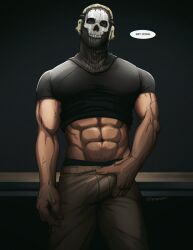 Rule 34 | 1boy, abs, bara, black shirt, brown pants, bulge, call of duty, call of duty: modern warfare 2, clothes lift, crotch grab, english text, ghost (modern warfare 2), headphones, highres, large pectorals, looking at viewer, male focus, male underwear, male underwear peek, mask, muscular, muscular male, navel, pants, pectorals, shirt, shirt lift, skull mask, solo, twitter username, underwear, veins, veiny arms, yuana