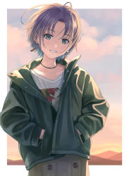 Rule 34 | 1girl, ahoge, aqua hair, asakura toru, blush, border, cloud, commentary request, cowboy shot, earrings, floral print, gradient hair, gradient sky, green jacket, hands in pockets, highres, idolmaster, idolmaster shiny colors, jacket, jewelry, long sleeves, looking at viewer, mountainous horizon, multicolored hair, necklace, nekopuchi, open clothes, open jacket, outdoors, outside border, parted bangs, print shirt, purple hair, rose print, shirt, short hair, sky, solo, tassel, unzipped, white border, white shirt