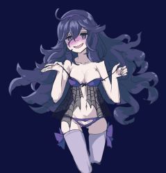 Rule 34 | 1girl, artist request, blush, bow, breasts, cleavage, creatures (company), game freak, heart, heart-shaped pupils, hex maniac (pokemon), lingerie, long hair, looking at viewer, navel, nightgown, nintendo, npc trainer, panties, pokemon, pokemon xy, purple eyes, purple hair, ribbon, solo, source request, symbol-shaped pupils, thighhighs, underwear