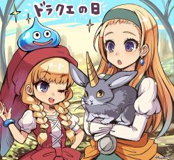 Rule 34 | 2girls, ;d, animal, blonde hair, bow, bracelet, braid, dragon quest, dragon quest xi, earrings, fujimaru (green sparrow), green hairband, hairband, hat, jewelry, juliet sleeves, long hair, long sleeves, looking at another, multiple girls, on head, one eye closed, open mouth, puffy short sleeves, puffy sleeves, purple eyes, rabbit, red hat, senya (dq11), short sleeves, siblings, sisters, slime (dragon quest), smile, sparkle, straight hair, teeth, twin braids, twitter username, veronica (dq11), waist bow