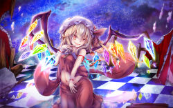 Rule 34 | 1girl, breasts, commentary request, crystal, flandre scarlet, haru (hottikisu25), hat, large wings, looking at viewer, mob cap, navel, night, night sky, sky, small breasts, solo, touhou, vampire, wings