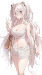 Rule 34 | 1girl, absurdres, ahoge, animal ears, bare shoulders, breasts, camisole, cleavage, collarbone, crop top, cutoffs, denim, denim shorts, earrings, grey eyes, grey hair, halterneck, halterneck, hand up, highres, hololive, jacket, jewelry, large breasts, lion ears, long hair, looking at viewer, midriff, multiple rings, navel, off shoulder, open clothes, open jacket, pdxen, ring, shirt, shishiro botan, short shorts, shorts, simple background, sleeveless, sleeveless shirt, smile, solo, spaghetti strap, standing, stomach, taut clothes, taut shirt, thighs, two side up, v, very long hair, virtual youtuber, white background, white jacket, white shirt, white shorts