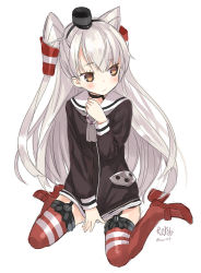 Rule 34 | 10s, 1girl, amatsukaze (kancolle), blush, brown eyes, capriccio, choker, dress, grey neckerchief, hair tubes, hibanar, highres, kantai collection, light frown, long hair, looking away, neckerchief, red thighhighs, sailor collar, sailor dress, short dress, silver hair, simple background, sitting, solo, striped clothes, striped thighhighs, thighhighs, twitter username, two side up, wariza, white background