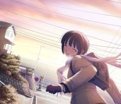 Rule 34 | 1girl, :d, backpack, bag, closed eyes, dutch angle, f&amp;c, gloves, happy, hashimoto takashi, house, ichinose mio, in-universe location, jpeg artifacts, open mouth, power lines, railroad crossing, randoseru, real world location, road, road sign, scarf, short hair, sign, smile, solo, utility pole, white breath