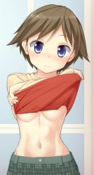 Rule 34 | 10s, 1girl, akai ronii, bad id, bad pixiv id, blue eyes, blush, breasts, brown hair, commentary, contemporary, hiei (kancolle), kantai collection, looking at viewer, midriff, navel, no hairband, short hair, solo, stomach, underboob, undressing