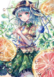 Rule 34 | 1girl, absurdres, bad id, bad pixiv id, black bow, black hat, bow, collar, crystal, food, fruit, grapefruit, green collar, green eyes, green hair, green skirt, hands up, hat, hat bow, highres, komeiji koishi, leaf, looking at viewer, open mouth, orange (fruit), puffy short sleeves, puffy sleeves, shirt, short hair, short sleeves, skirt, smile, solo, suzushina, touhou, umbrella, water, yellow bow, yellow shirt, yellow sleeves