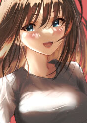 Rule 34 | 1girl, absurdres, aozaki aoko, aqua eyes, blush, breasts, brown hair, commentary request, giruminasu, grey shirt, highres, lips, long hair, looking at viewer, mahou tsukai no yoru, medium breasts, open mouth, pink lips, red background, shirt, simple background, smile, solo, teeth, upper body, very long hair
