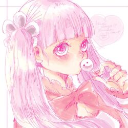 Rule 34 | 1girl, blunt bangs, blush, bow, candy, capelet, close-up, commentary request, eyelashes, food, hair bow, lollipop, long sleeves, looking at viewer, looking up, mrnmikannn, neck ribbon, one piece, perona, pink eyes, pink hair, pink theme, ribbon, signature, twintails