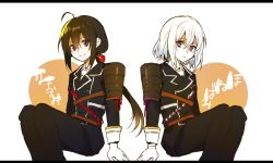 Rule 34 | 10s, 2boys, armor, bad id, bad twitter id, black hair, buttons, character name, double-breasted, erubo, honebami toushirou, japanese armor, lapels, letterboxed, long hair, male focus, military, military uniform, multiple boys, namazuo toushirou, necktie, notched lapels, one-hour drawing challenge, ponytail, purple eyes, short hair, shoulder armor, silver hair, sode, symmetry, touken ranbu, uniform, white background