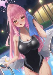 Rule 34 | 1girl, absurdres, amane sora, angel wings, bare arms, bare shoulders, black one-piece swimsuit, blue archive, blue towel, blurry, blurry background, blush, braid, breasts, cleavage, collarbone, competition swimsuit, crescent, crown braid, feathered wings, groin, halo, hand towel, high ponytail, highres, large breasts, long hair, looking at viewer, low wings, mika (blue archive), night, one-piece swimsuit, open mouth, pink hair, pool, pool ladder, purple halo, solo, swimsuit, thighs, towel, white wings, wings, yellow eyes