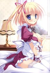 Rule 34 | 1girl, absurdres, bed, between legs, blonde hair, blue eyes, bow, bowtie, breasts, cleavage, from side, hair ribbon, hand between legs, highres, indoors, kneeling, looking at viewer, maid, medium breasts, mitsui mana, open mouth, original, red ribbon, ribbon, side ponytail, solo, striped, striped bow, thighhighs, white thighhighs, window, wrist cuffs