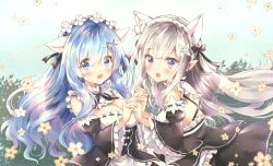 Rule 34 | 10s, 2girls, :o, alternate costume, alternate hair length, alternate hairstyle, animal ears, bare shoulders, black dress, black ribbon, blue eyes, blue hair, blush, bow, braid, breasts, cleavage, detached collar, detached sleeves, dress, elf, emilia (re:zero), enmaided, floating hair, flower, frilled dress, frilled sleeves, frills, from side, hair flower, hair ornament, hair over one eye, hair ribbon, hairclip, has bad revision, has downscaled revision, headdress, holding hands, interlocked fingers, juliet sleeves, light particles, long hair, long sleeves, looking at viewer, maid, md5 mismatch, medium breasts, melings (aot2846), multiple girls, neck ribbon, open mouth, pointy ears, puffy sleeves, purple eyes, re:zero kara hajimeru isekai seikatsu, rem (re:zero), resolution mismatch, ribbon, sidelocks, silver hair, source smaller, teeth, underbust, upper body, upper teeth only, wavy hair, white bow, wide sleeves, x hair ornament