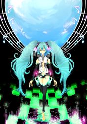 Rule 34 | 1girl, absurdres, aqua hair, bad id, bad pixiv id, barefoot, bridal gauntlets, closed eyes, female focus, full body, hatsune miku, hatsune miku (append), highres, komai-nue, legs, long hair, musical note, navel, necktie, smile, solo, thighhighs, twintails, very long hair, vocaloid, vocaloid append