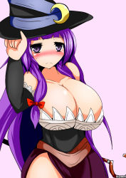 Rule 34 | 1girl, annoyed, bad hands, bare shoulders, blush, breasts, cleavage, cosplay, detached sleeves, dragon&#039;s crown, dress, frown, hat, hat tip, huge breasts, long hair, looking at viewer, patchouli knowledge, pink background, purple eyes, purple hair, sash, solo, sorceress (dragon&#039;s crown), sorceress (dragon&#039;s crown) (cosplay), staff, strapless, strapless dress, sweatdrop, taku (yakumodaisuki), touhou, very long hair, witch hat