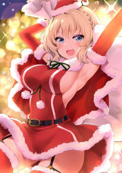 Rule 34 | 1girl, absurdres, armpits, arms up, belt, belt buckle, black belt, blonde hair, blue eyes, blush, braid, breasts, buckle, capelet, christmas, colorado (kancolle), commission, cowboy shot, fur-trimmed capelet, fur trim, hair between eyes, hat, highres, holding, holding sack, kantai collection, large breasts, open mouth, pom pom (clothes), red capelet, red hat, ryuki (ryukisukune), sack, santa costume, santa hat, short hair, sideboob, skeb commission, smile, solo