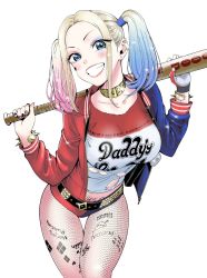 Rule 34 | 1girl, baseball bat, belt, blonde hair, blue eyes, blue hair, bracelet, breasts, collar, colored tips, dc comics, earrings, eyeshadow, fishnet pantyhose, fishnets, harley quinn, highres, holding, holding baseball bat, jacket, jewelry, large breasts, lipstick, looking at viewer, makeup, multicolored clothes, multicolored hair, multicolored jacket, multicolored nails, multicolored shorts, nail polish, nekodanshaku, pantyhose, pink hair, red lips, shirt, short shorts, shorts, smile, solo, spiked bracelet, spikes, studded belt, suicide squad, torn clothes, torn shirt, twintails