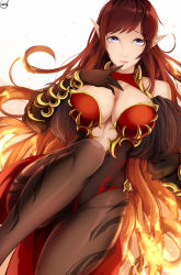 Rule 34 | 1girl, :q, artist name, bare shoulders, black gloves, black pantyhose, breasts, center opening, cleavage, dungeon and fighter, elbow gloves, fiery hair, from above, gloves, gradient hair, gzsd, highres, large breasts, leotard, lips, long hair, looking at viewer, lying, multicolored hair, on back, orange hair, pantyhose, pointy ears, red hair, solo, spikes, swept bangs, tongue, tongue out, transcendent nornil, very long hair, white background, white eyes