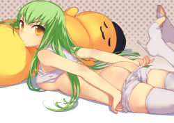 Rule 34 | 1girl, ass, bare shoulders, boots, breasts, butt crack, c.c., cheese-kun, clothes pull, code geass, green hair, high heels, long hair, looking at viewer, looking back, lying, on stomach, pizza hut, pulling own clothes, shoes, shorts, shorts pull, solo, thigh boots, thighhighs, underboob, uni (plastic girl), white thighhighs, yellow eyes
