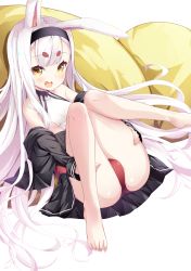 Rule 34 | 1girl, :d, absurdres, animal ears, ass, azur lane, barefoot, blunt bangs, breasts, commentary request, cushion, from above, head tilt, highres, leer.meer, long hair, long sleeves, looking at viewer, looking up, off-shoulder jacket, off shoulder, open mouth, panties, pantyshot, rabbit ears, red panties, shimakaze (azur lane), sideboob, sidelocks, simple background, sitting, smile, solo, thick eyebrows, toes, transparent background, underwear, white hair, yellow eyes