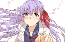 Rule 34 | 10s, 1girl, bad id, bad pixiv id, blush, eye contact, fate/extra, fate/extra ccc, fate (series), formal, hair ribbon, holding hands, interlocked fingers, long hair, looking at another, looking at viewer, matou sakura, petals, pov, purple eyes, purple hair, ribbon, sailor, shirt, simple background, smile, sobaya, solo, solo focus, suit, upper body, white background