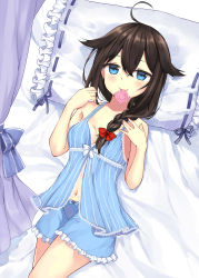 Rule 34 | 1girl, absurdres, ahoge, bed sheet, black ribbon, blue eyes, blue panties, blue ribbon, braid, breasts, brown hair, cleavage, condom, condom in mouth, cowboy shot, frilled panties, frills, from above, hair between eyes, hair flaps, hair over shoulder, highres, kantai collection, kinatsu ship, lingerie, long hair, looking at viewer, lying, medium breasts, midriff, mouth hold, navel, negligee, on back, panties, pillow, ribbon, shigure (kancolle), shigure kai ni (kancolle), side braid, smile, solo, stomach, underwear, underwear only