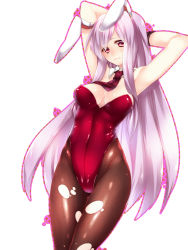 Rule 34 | 1girl, alternate costume, animal ears, bad id, bad pixiv id, black pantyhose, breasts, detached collar, female focus, highres, large breasts, leotard, light purple hair, long hair, necktie, pantyhose, playboy bunny, rabbit ears, rabbit girl, red eyes, red necktie, reisen udongein inaba, solo, torn clothes, torn pantyhose, touhou, yutazou