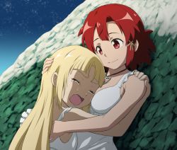 Rule 34 | 10s, 2girls, :o, against rock, bare arms, bare shoulders, blonde hair, breasts, couple, crying, dress, female focus, gem, hair down, hair ornament, hand on another&#039;s back, hand on another&#039;s head, hand on another&#039;s shoulder, hug, izetta, jewelry, kosyooka, large breasts, long hair, looking at another, looking down, matching hair/eyes, multiple girls, neck, necklace, night, night sky, open mouth, ortfine fredericka von eylstadt, red eyes, red gemstone, red hair, rock, shade, short hair, shuumatsu no izetta, sky, smile, star (sky), starry sky, tears, upper body, white dress, yuri