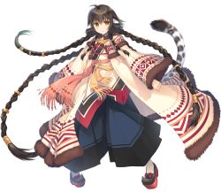 Rule 34 | 1girl, ahoge, ainu clothes, animal ears, anju (utawarerumono), aquaplus, braid, clenched hand, female focus, full body, hair between eyes, hair ornament, highres, long hair, looking at viewer, mitsumi misato, official art, orange eyes, simple background, smile, solo, tail, tiger tail, transparent background, utawarerumono, utawarerumono: itsuwari no kamen, utawarerumono: lost flag, very long hair