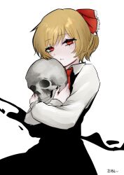 Rule 34 | 1girl, black dress, blonde hair, crossed arms, dress, highres, holding, holding skull, looking at viewer, necktie, red eyes, red necktie, rumia, shirt, short hair, skull, solo, touhou, white background, white shirt, yomogi 0001