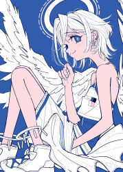 Rule 34 | 1girl, :3, absurdres, angel wings, bare shoulders, camisole, cross, cross earrings, earrings, feathered wings, from side, highres, jewelry, kaneni, knees up, limited palette, looking to the side, original, shirt, shoes, short hair, sneakers, solo, spaghetti strap, spread wings, white wings, wings