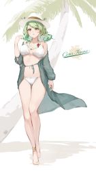 Rule 34 | 1girl, absurdres, anklet, bare legs, barefoot, bikini, breasts, ceres fauna, character name, earrings, flower, flower necklace, green hair, green jacket, hand up, hat, highres, hololive, hololive english, jacket, jewelry, kanoe (tatsukanoe), large breasts, long hair, long sleeves, navel, necklace, open clothes, open jacket, palm tree, parted lips, red flower, revision, solo, swimsuit, tree, virtual youtuber, white bikini, white flower, white hat, yellow eyes