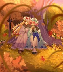 Rule 34 | 2girls, against tree, autumn leaves, black footwear, blonde hair, blue kimono, bow, brown footwear, bubble tea, closed eyes, collar, cup, dress, drinking straw, drinking straw in mouth, frilled collar, frilled dress, frilled kimono, frills, hair bow, hat, hat ribbon, highres, holding, holding cup, japanese clothes, kimono, leaf, long hair, long sleeves, maple leaf, mob cap, multiple girls, nature, one eye closed, outdoors, panghulao, pantyhose, pink hair, purple dress, purple eyes, red bow, red ribbon, ribbon, saigyouji yuyuko, scarf, shared clothes, shared scarf, short hair, sitting, touhou, tree, triangular headpiece, white pantyhose, yakumo yukari, yuri